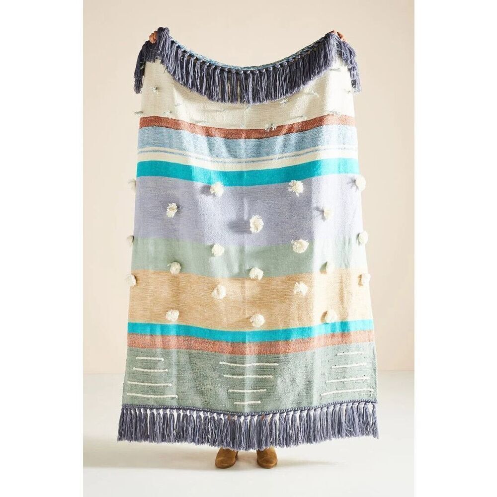 Anthropologie All Roads Woven Baja Throw Blue Pommed Boho Fringe NEW